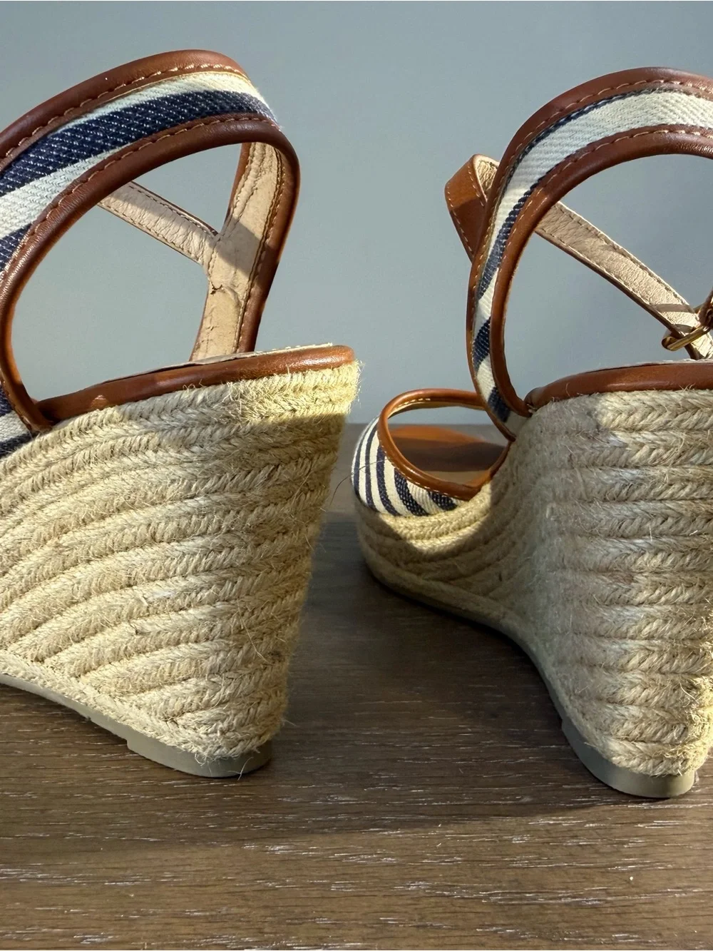 Women’s Brown Leather & Navy Striped Espadrille Sandals